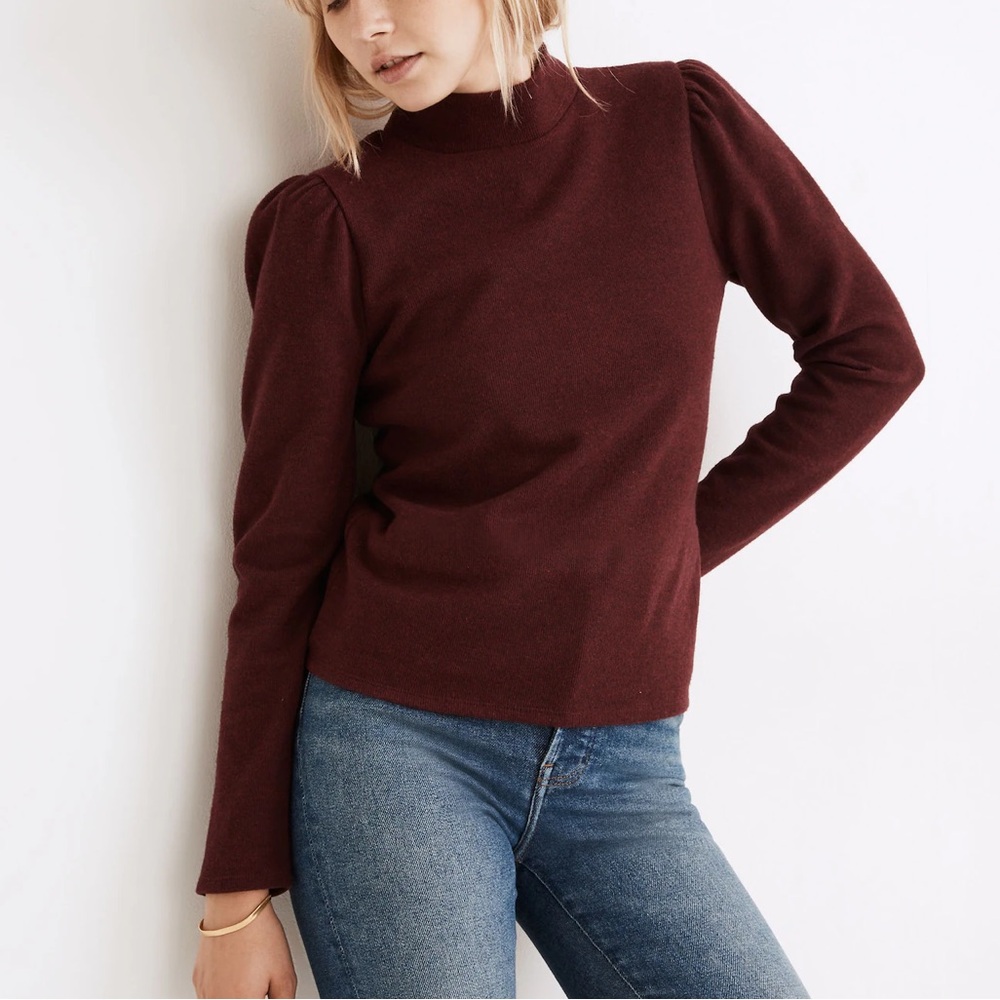 (Re)sourced Plush Mockneck Puff-Sleeve Top - Charcoal Gray - Size S